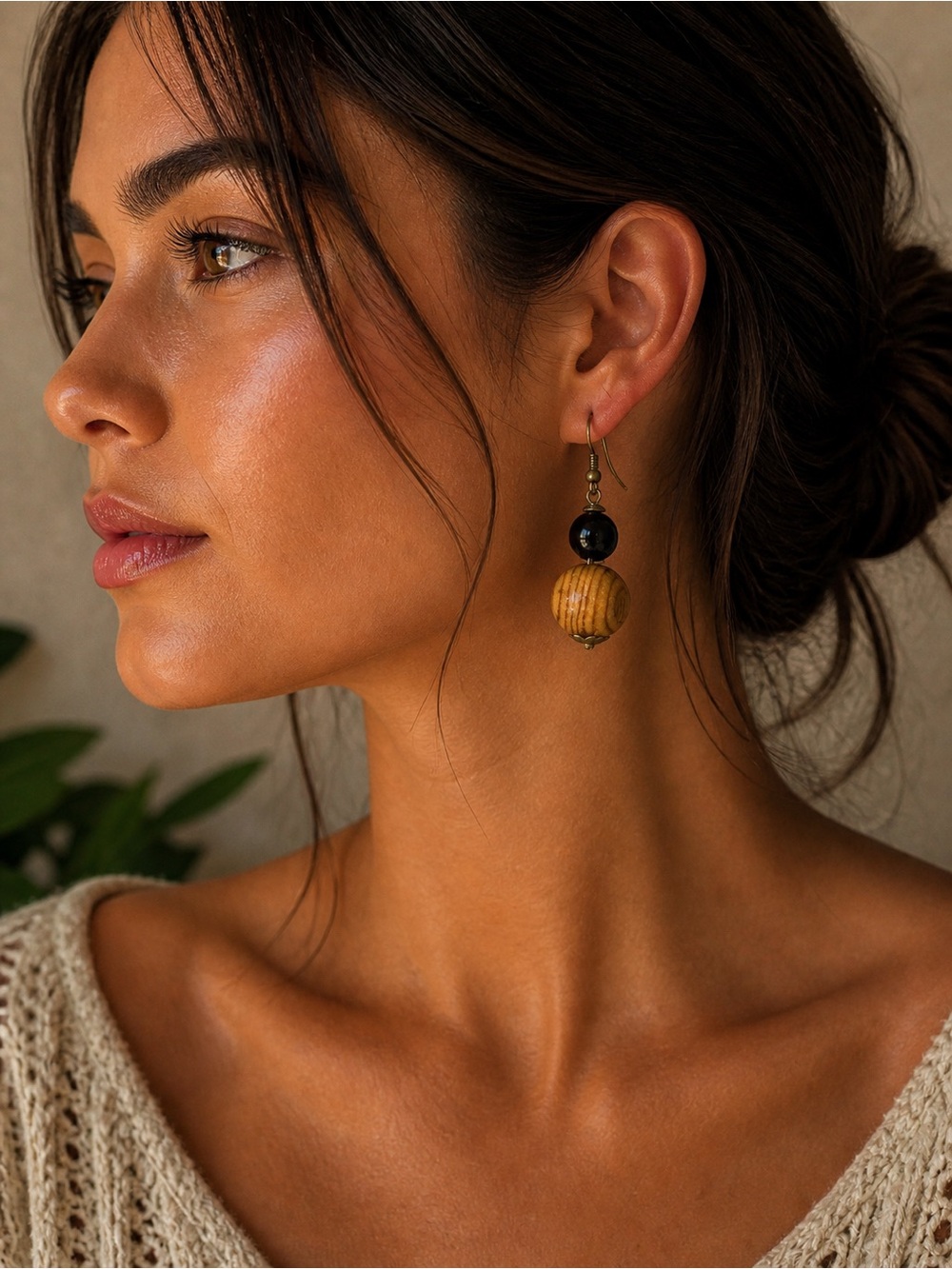 Wooden and Black Beaded Earrings